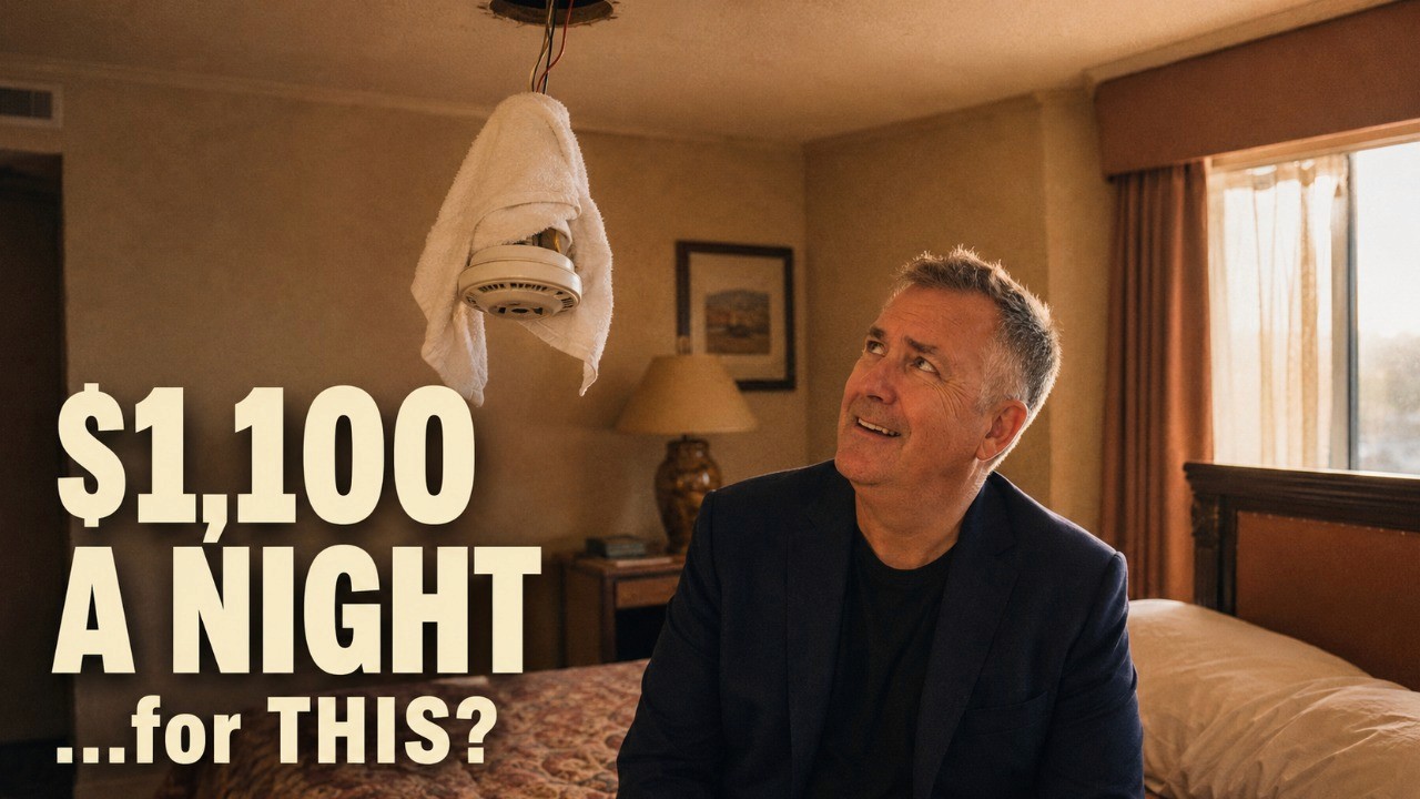 An image of a fire alarm wrapped in a towel with the caption "$1,100 a night... for this?" below it. To the right is Mike Putman look up at it in alarm.