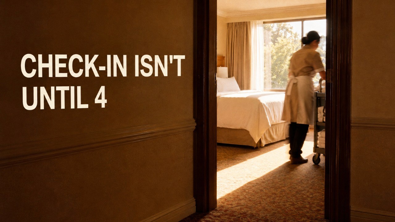 Image of a hotel room being cleaned with the caption "Check in isn't until 4" on it