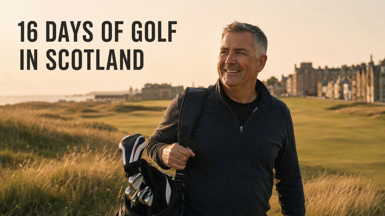 Image of Mike Putman with the caption "16 days of golf in scotland" next to him